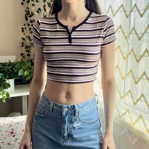 Gray Black White Pink Brown Stripe Sparkle Ribbed Cropped T Shirt